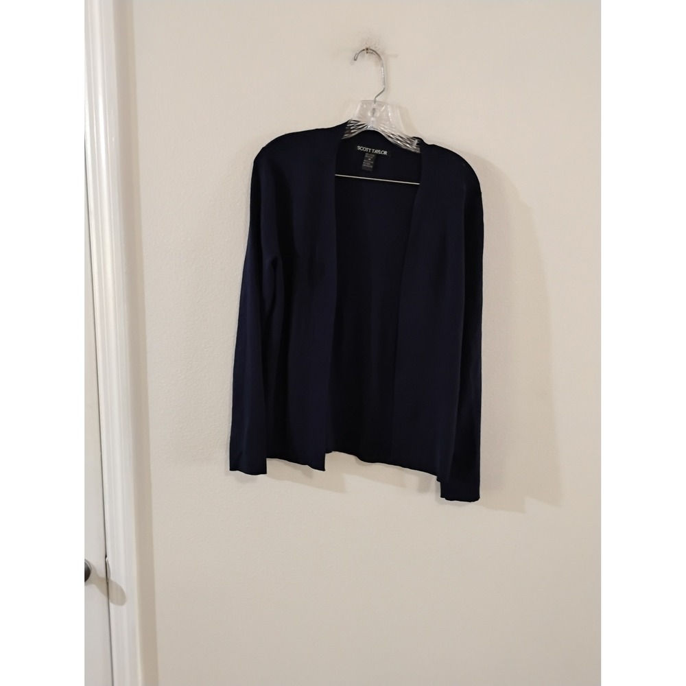 Scott Taylor Navy Blue Open Front Cardigan Sweater Medium Viscose Blend Knit